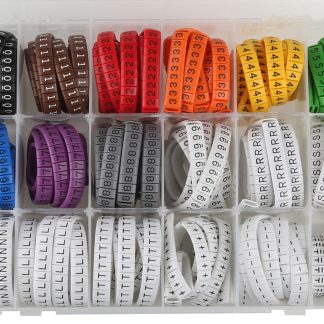 Kit di siglacavi RS PRO A scorrimento, Ømin 2mm, Ømax 8mm, confez. da 3600pz No -, +, 0 → 9, Earth, L, N, Plain,